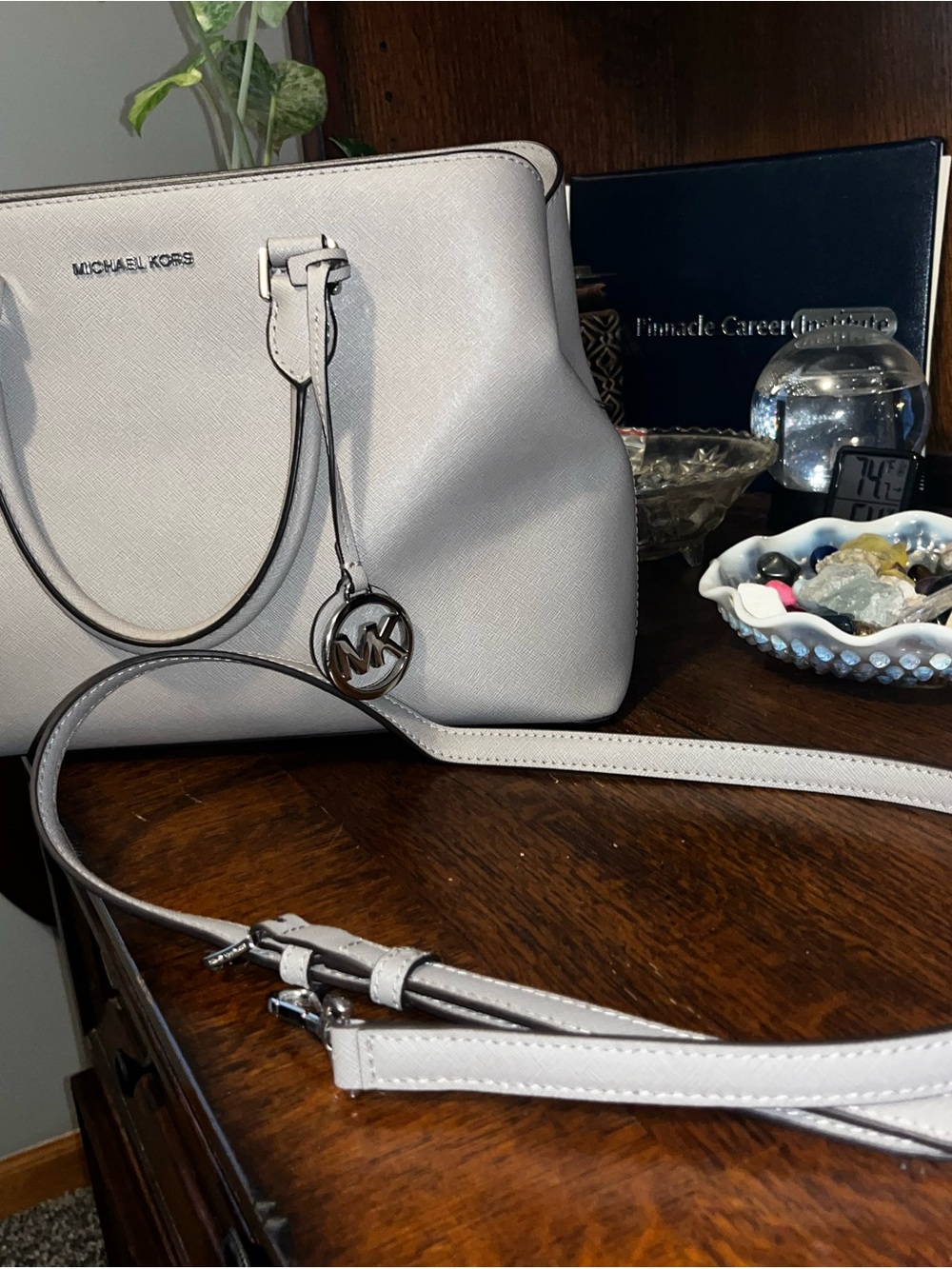 Michael Kors Gray Saffiano Leather Shoulder Bag with MK Charm